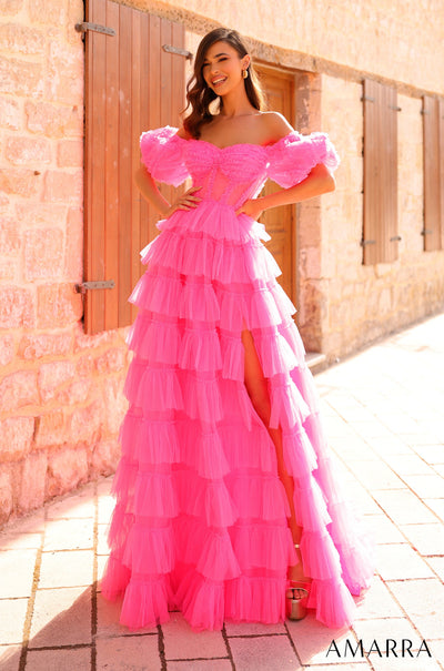 Puff Sleeve Tiered Slit Tulle Ball Gown by Amarra 94000 - Outlet