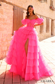 Puff Sleeve Tiered Slit Tulle Ball Gown by Amarra 94000