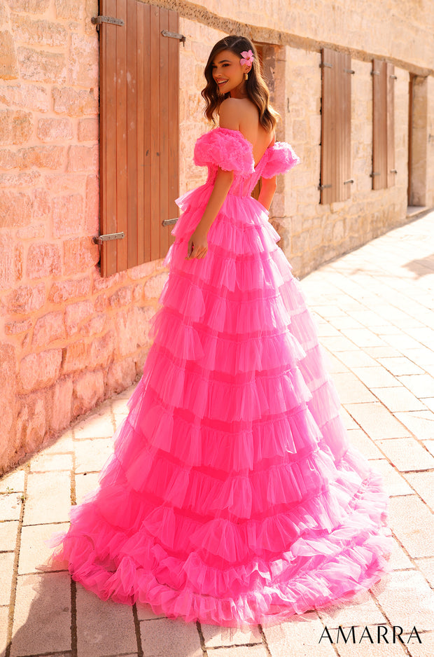 Puff Sleeve Tiered Slit Tulle Ball Gown by Amarra 94000