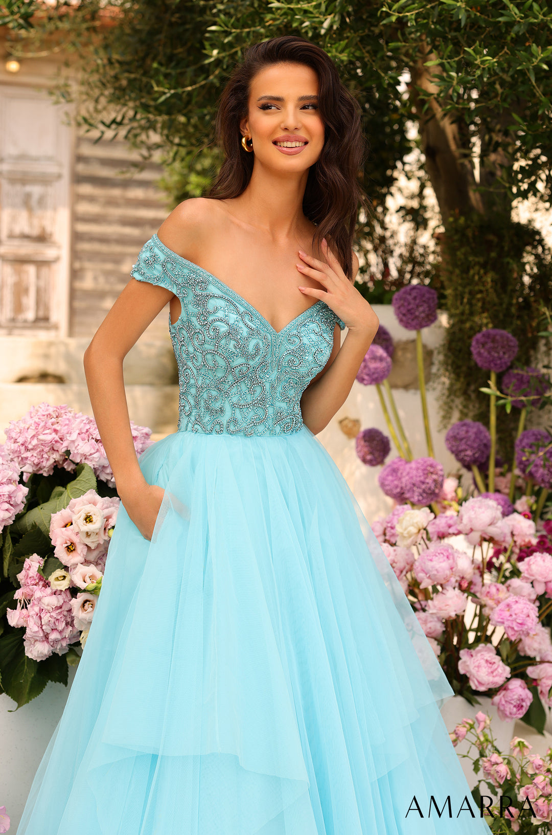 Beaded Off Shoulder Tulle Ball Gown by Amarra 94038