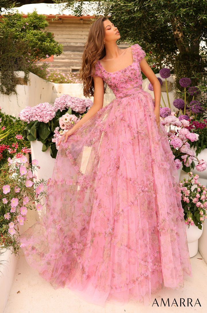 Floral Print Short Sleeve Ball Gown by Amarra 94044