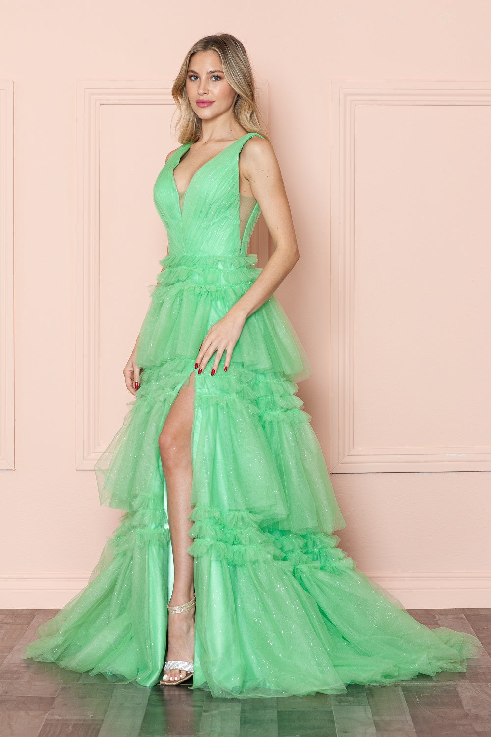 Glitter Sleeveless Ruffled Slit Gown by Poly USA 9406
