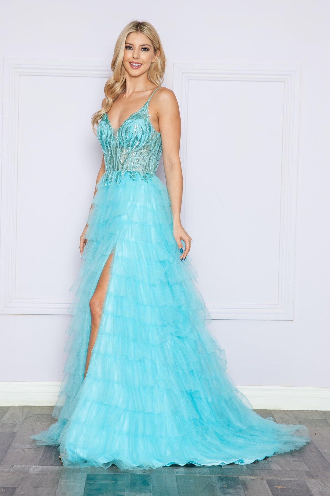 Beaded Sleeveless Tiered Ruffled Slit Gown by Poly USA 9408