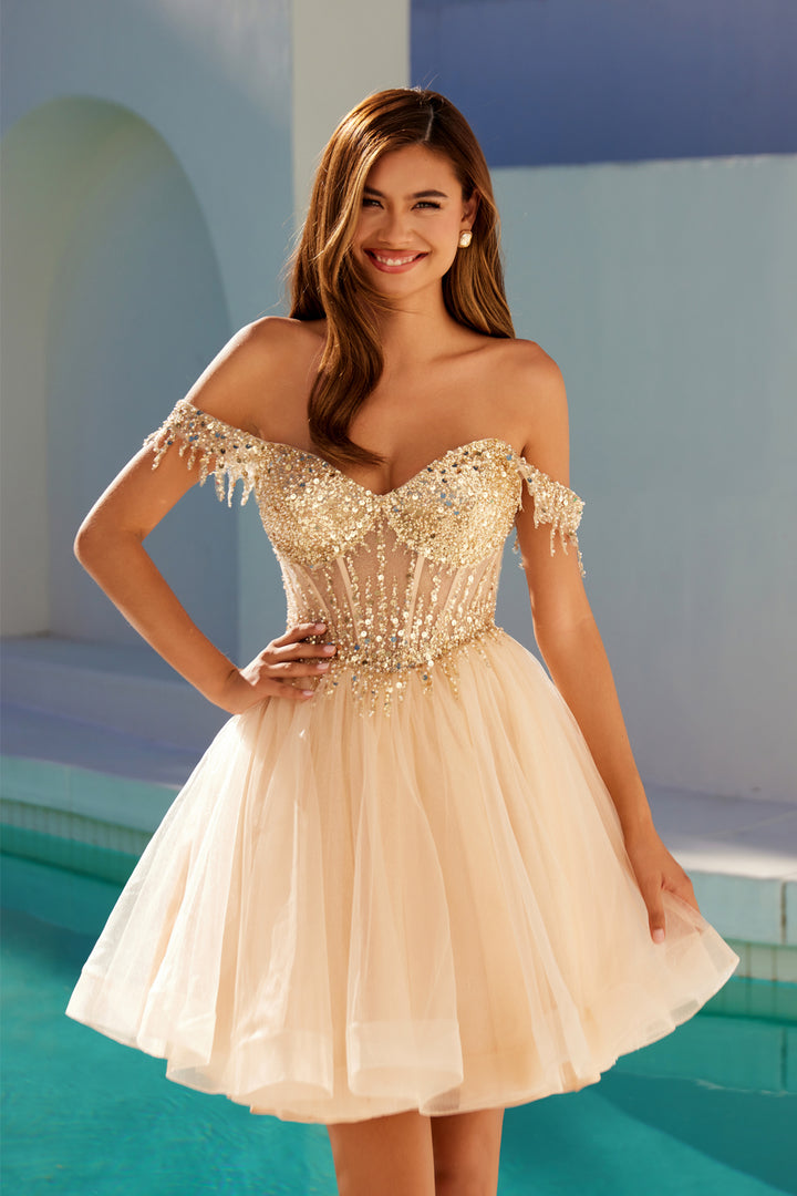 Beaded Short Off Shoulder Dress by Juliet JT947L