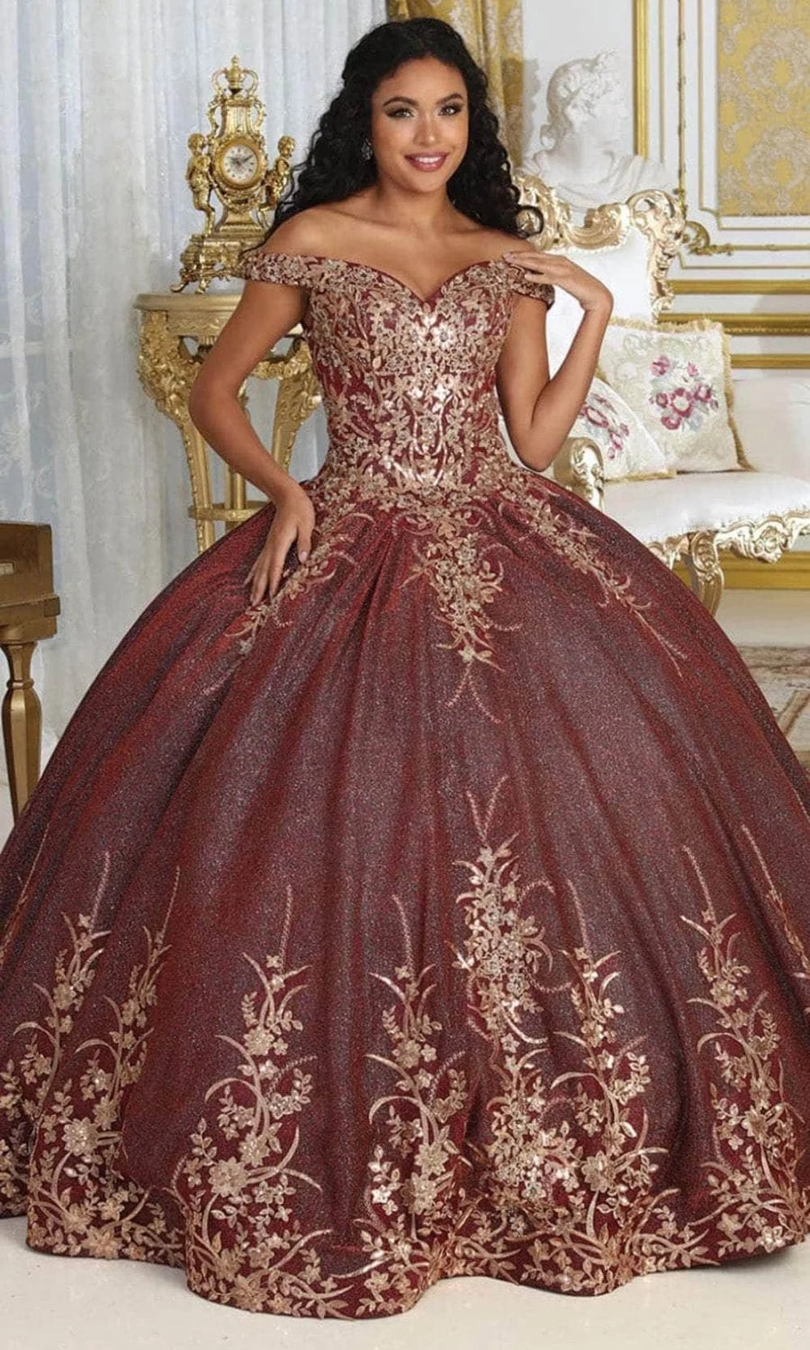 Metallic Off Shoulder Ball Gown by May Queen LK220