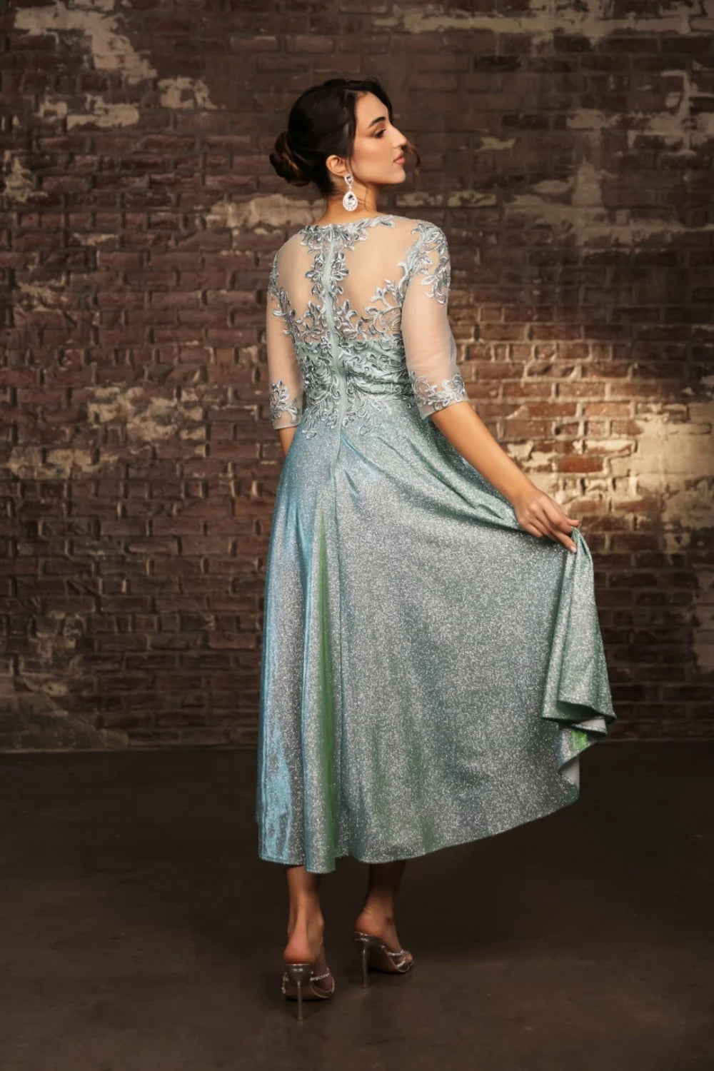 Mid-Sleeve Tea Length Dress by May Queen MQ2057