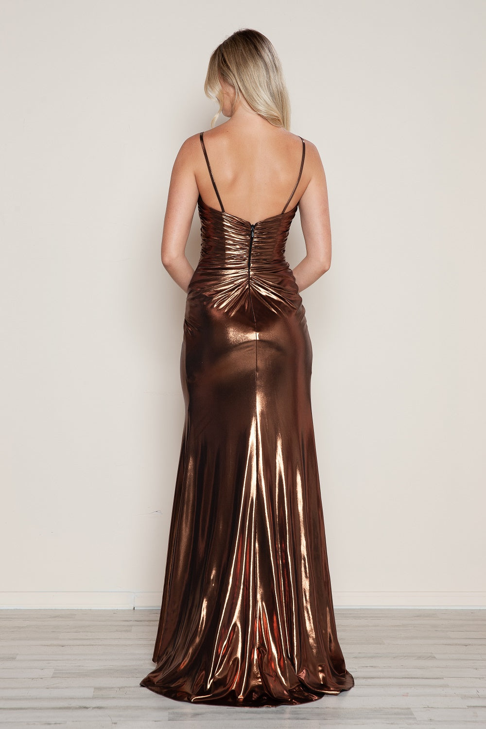 Poly USA 9582 Metallic Fitted Sleeveless Slit Gown | FormalDressShops Bronze / XL Poly USA 9582 Metallic Fitted Sleeveless Slit Gown | FormalDressShops Bronze / XL