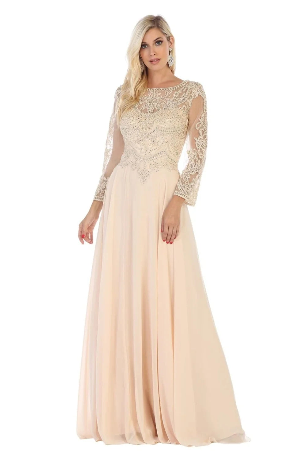 Applique 3/4 Sleeve A-line Gown by May Queen MQ1615