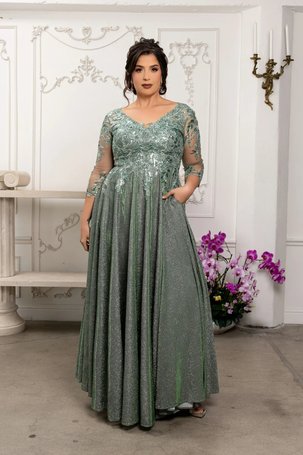 Glitter 3/4 Sleeve A-line Gown by May Queen MQ2226