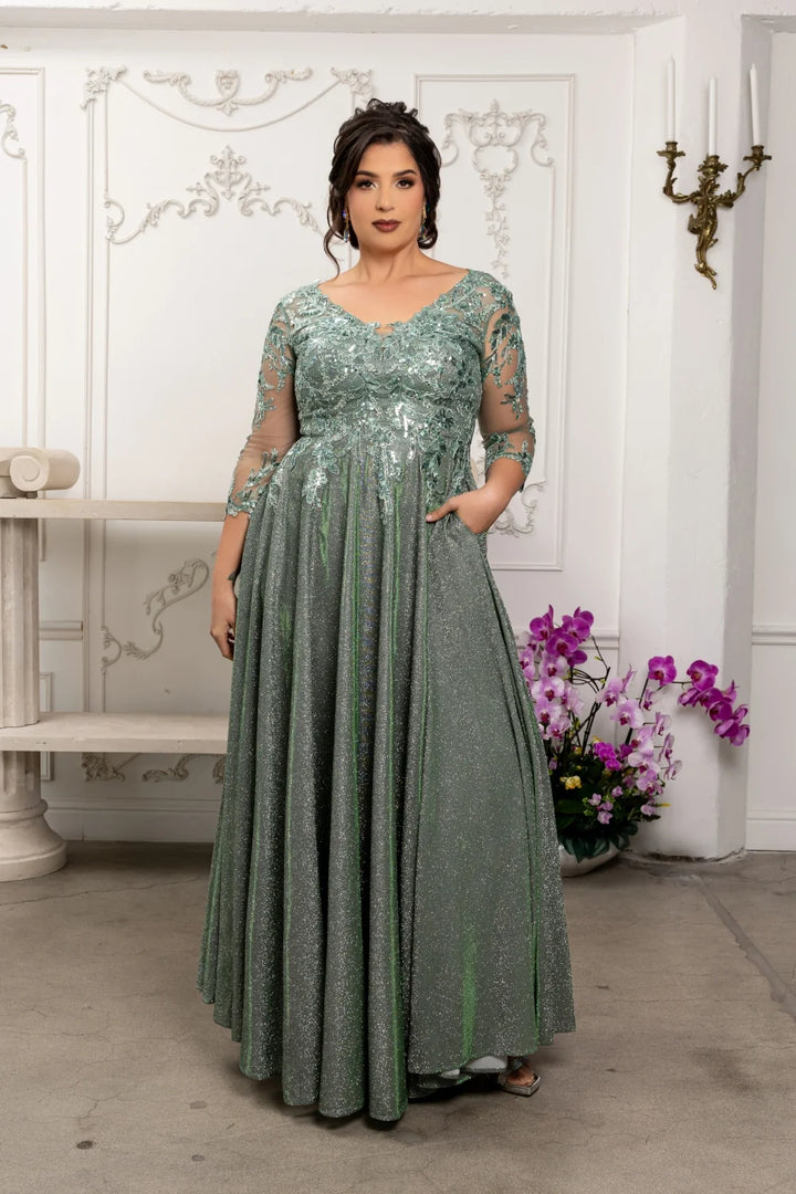 Glitter 3/4 Sleeve A-line Gown by May Queen MQ2226