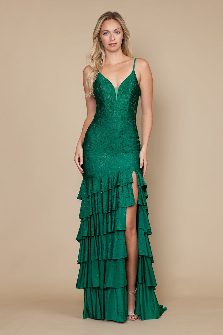 Beaded V-Neck Tiered Slit Gown by Poly USA 9620