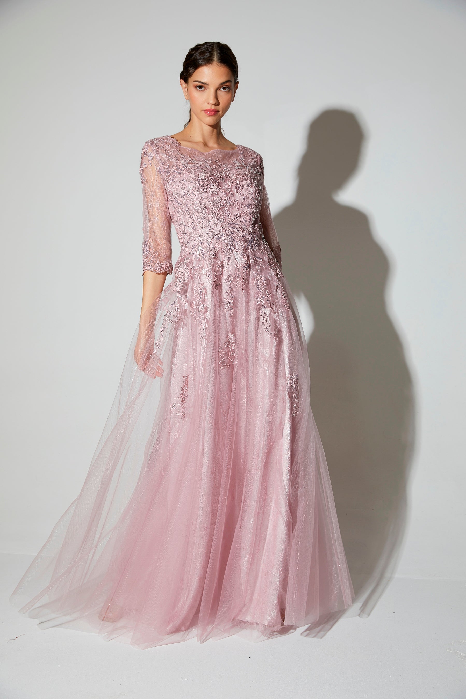 Lace Tulle 3/4 Sleeve A-line Gown by Eureka 9660 – ABC Fashion