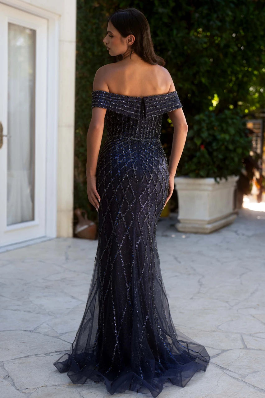 Beaded Off Shoulder Overskirt Gown by Lenovia 8631
