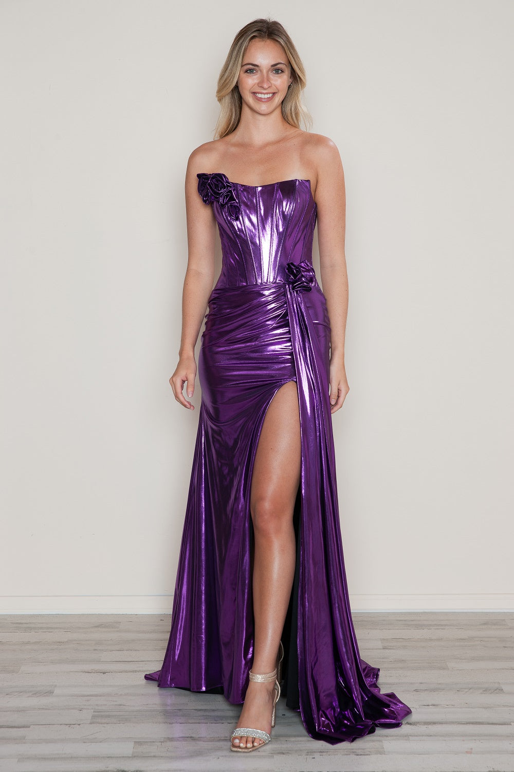 Metallic Fitted Strapless Slit Gown by Poly USA 9682 M / Magenta