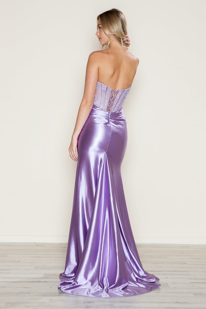Satin Fitted Lace Bodice Slit Gown by Poly USA 9688