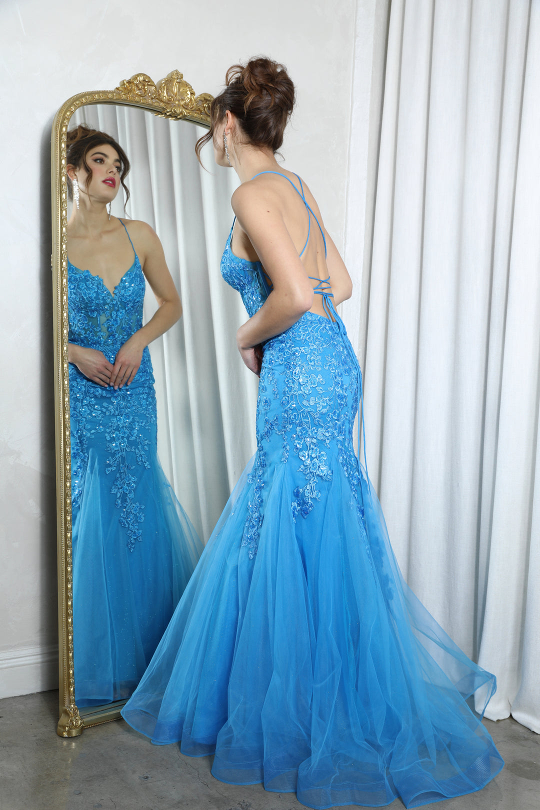 Strappy-Back Long Mermaid Prom Dress with Sequins Azure Blue / XSmall Strappy-Back Long Mermaid Prom Dress with Sequins Azure Blue / XSmall
