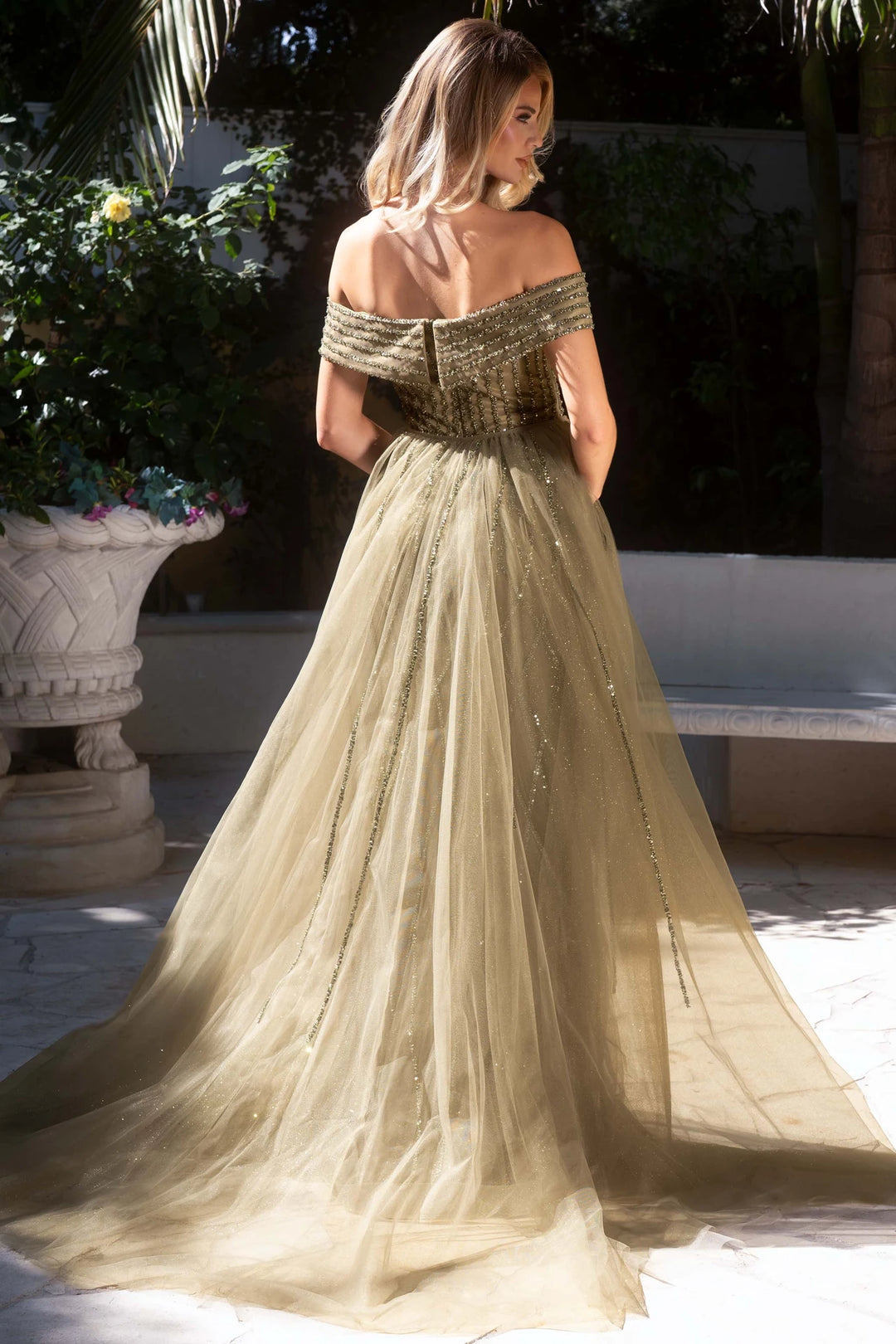 Beaded Off Shoulder Overskirt Gown by Lenovia 8631