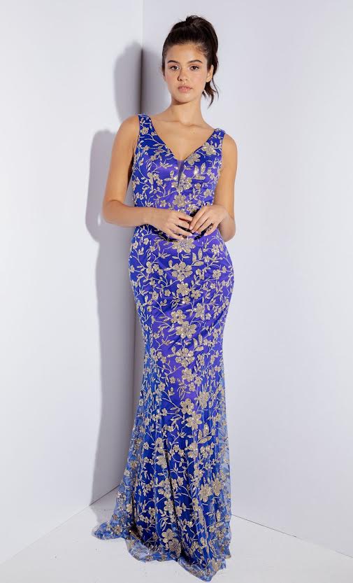 Glitter Print Fitted V-Neck Gown by Eureka 9706