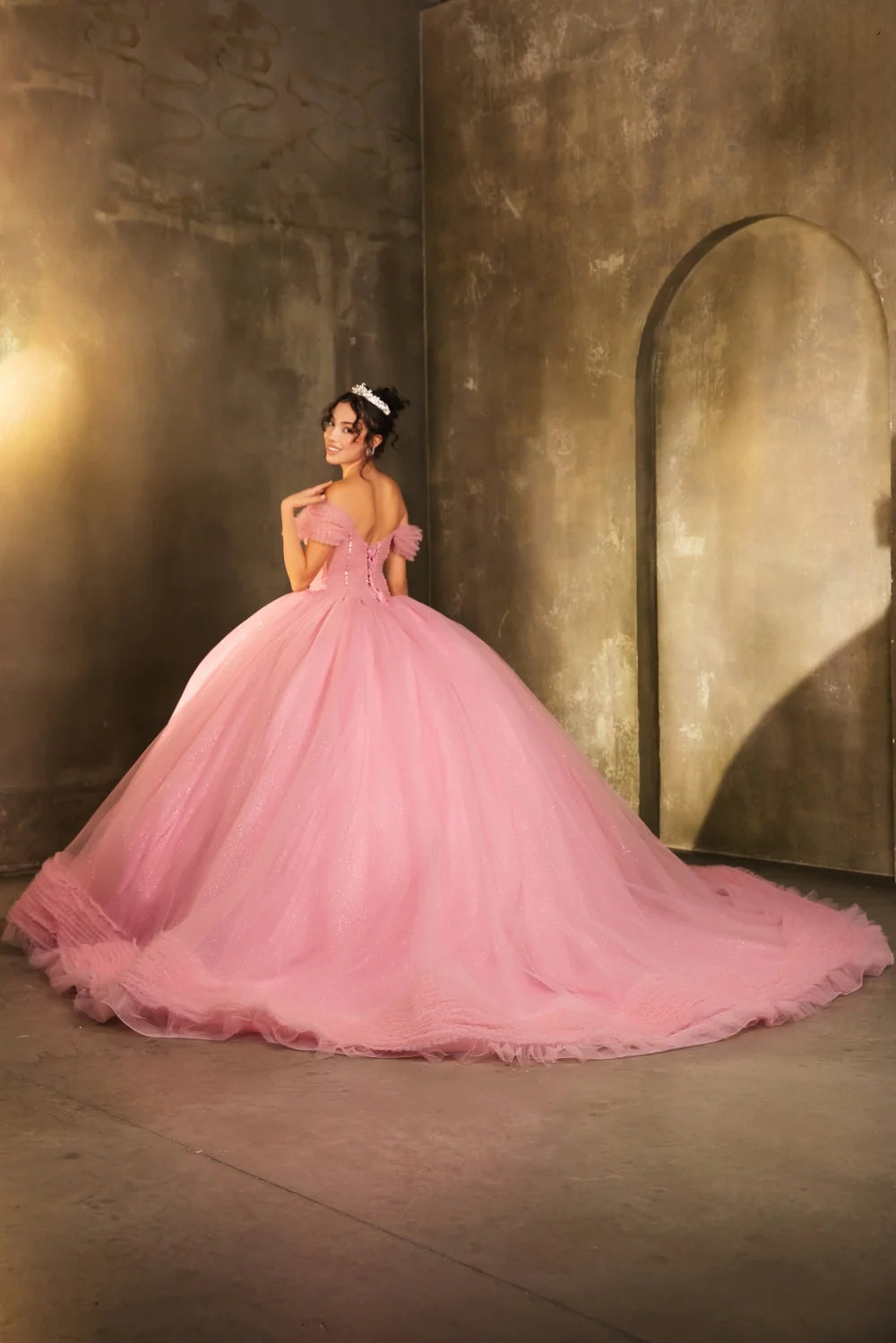 Off Shoulder Ruffled Ball Gown by May Queen LK266