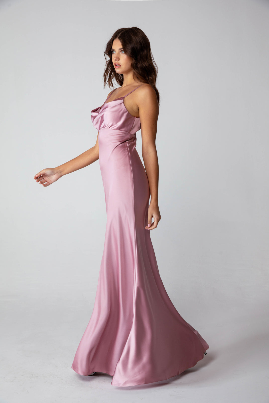 Satin Fitted Long Cowl Neck Dress by Eureka 9711 S / Antique White Satin Fitted Long Cowl Neck Dress by Eureka 9711 S / Antique White
