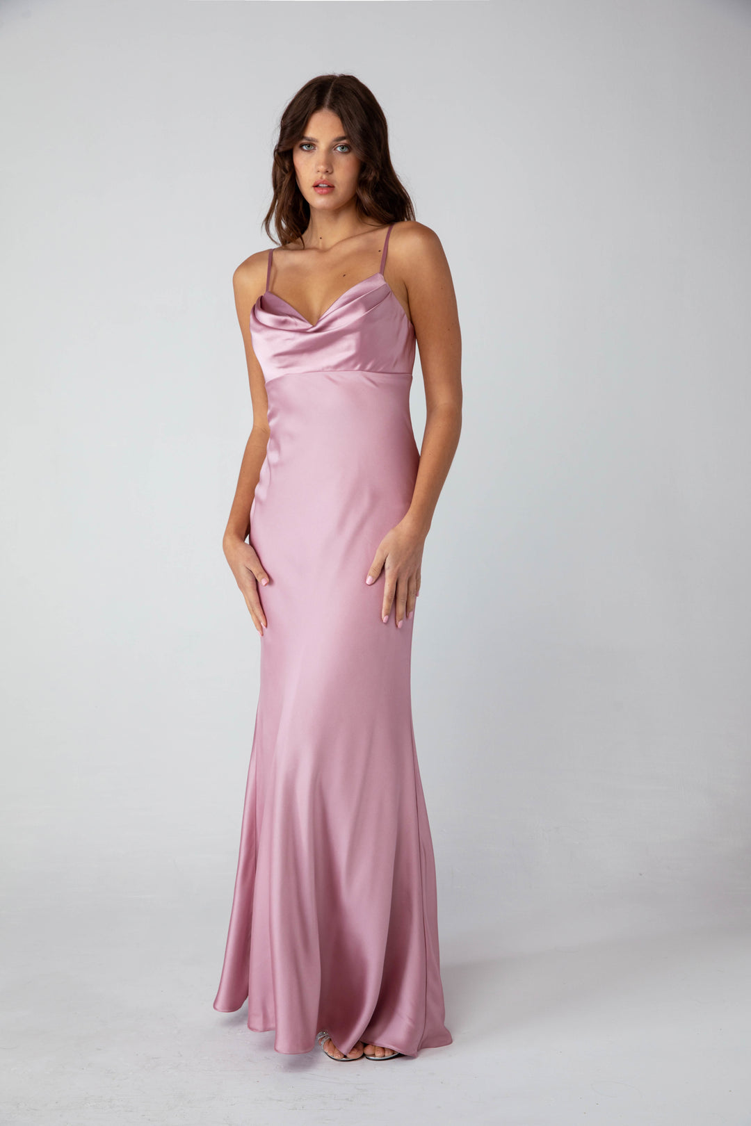 cowl neck satin dress Satin Fitted Long Cowl Neck Dress by Eureka 9711 2XL / Navy