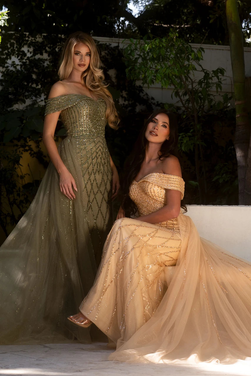 Beaded Off Shoulder Overskirt Gown by Lenovia 8631