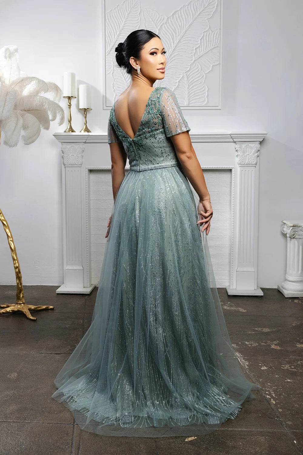 Glitter Short Sleeve A-line Gown by May Queen MQ2185