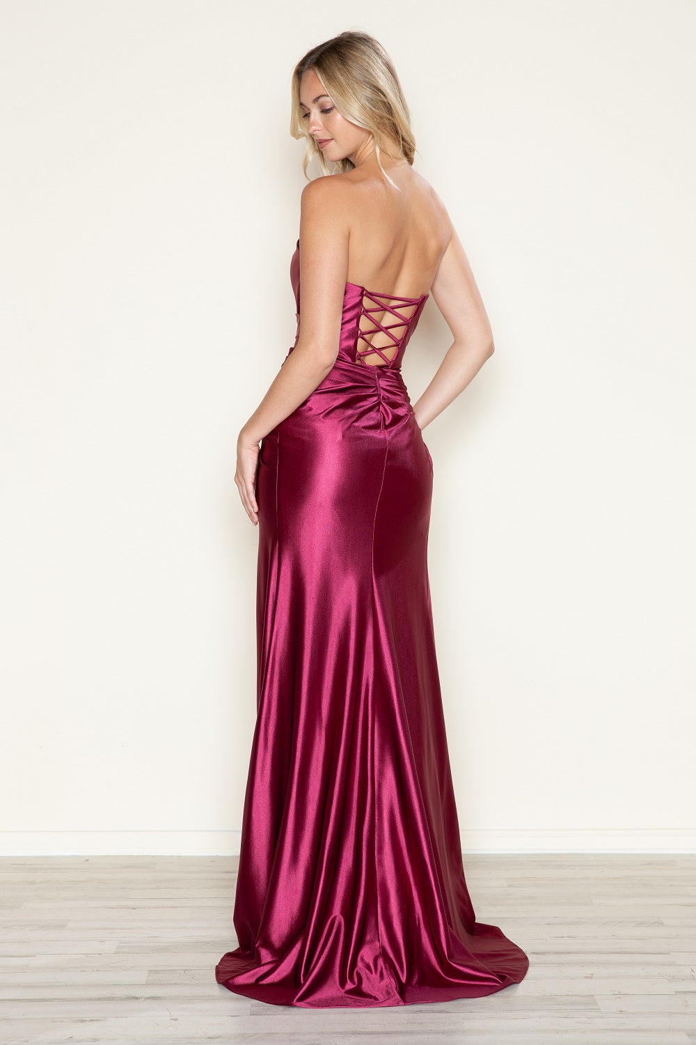 Poly USA 9734 Satin Fitted Strapless Slit Gown | FormalDressShops Champagne/Gold / S Poly USA 9734 Satin Fitted Strapless Slit Gown | FormalDressShops Champagne/Gold / S