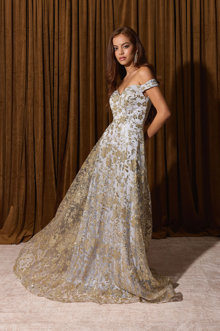 Glitter Print Off Shoulder Gown by Eureka 9766