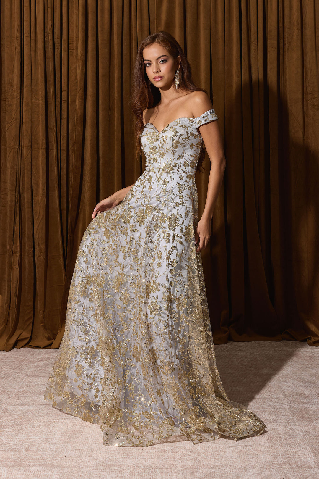 Glitter Print Off Shoulder Gown by Eureka 9766