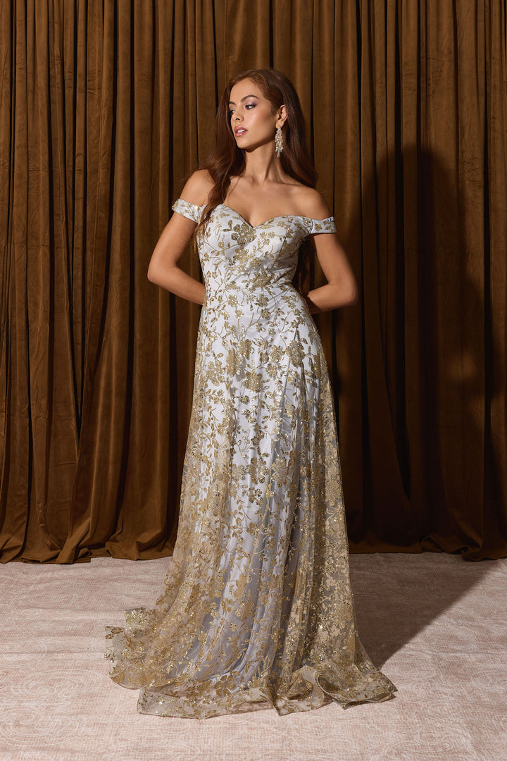 Glitter Print Off Shoulder Gown by Eureka 9766