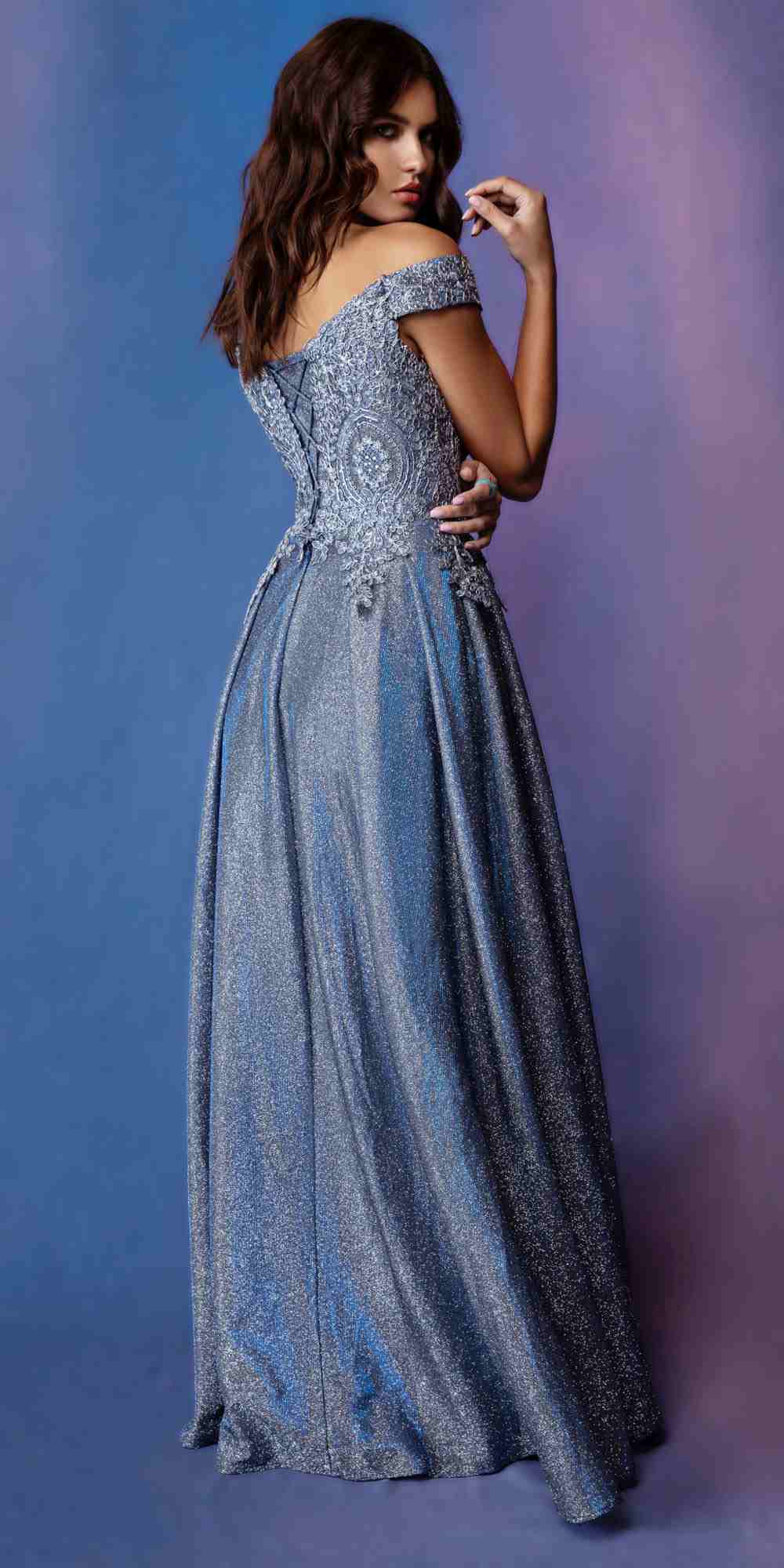 Applique Off Shoulder Glitter Gown by Eureka 9806
