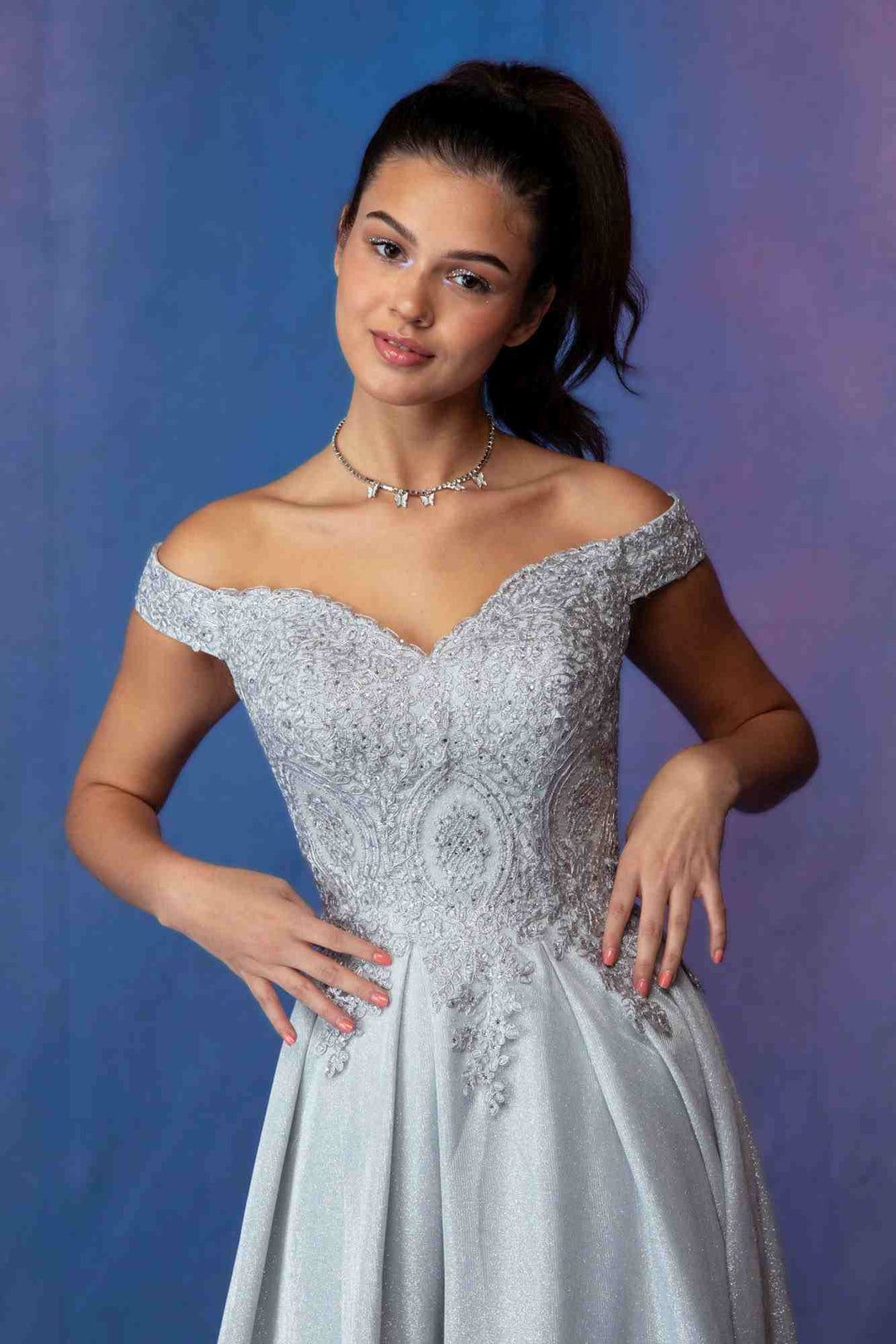 Applique Off Shoulder Glitter Gown by Eureka 9806