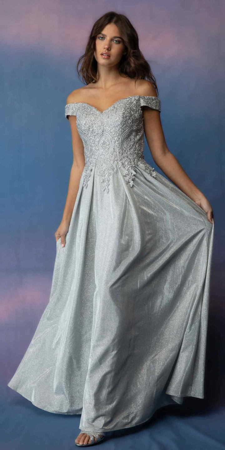Applique Off Shoulder Glitter Gown by Eureka 9806
