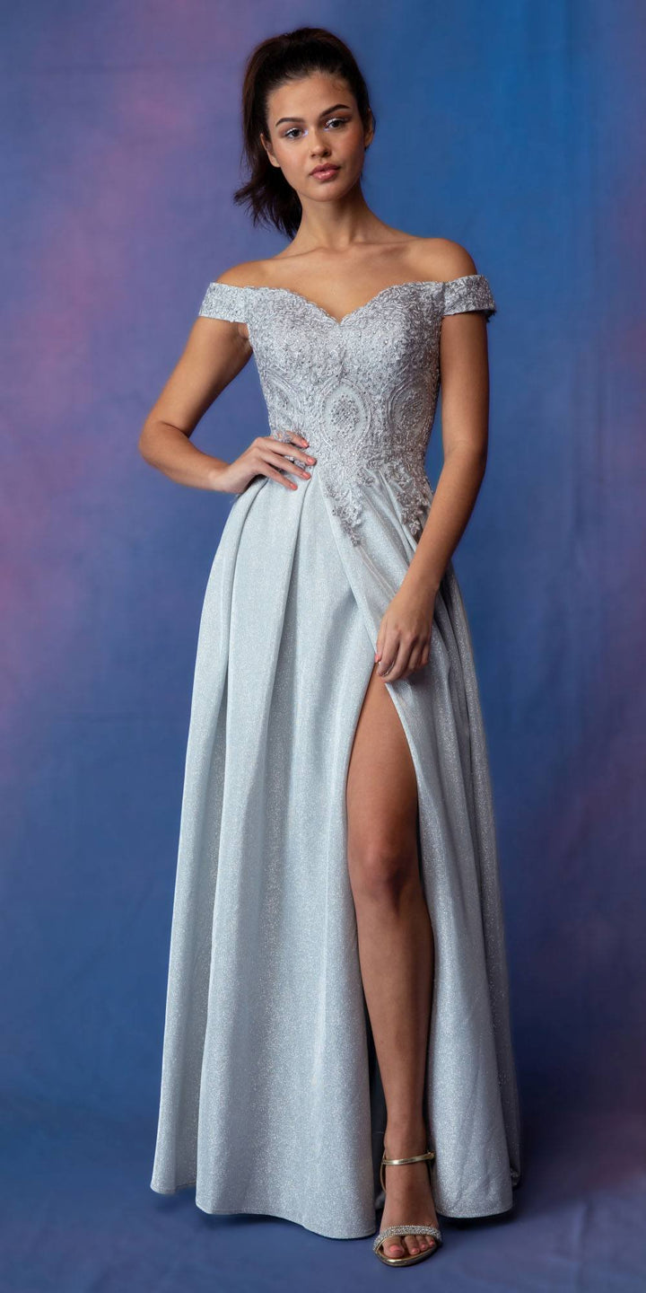 Applique Off Shoulder Glitter Gown by Eureka 9806