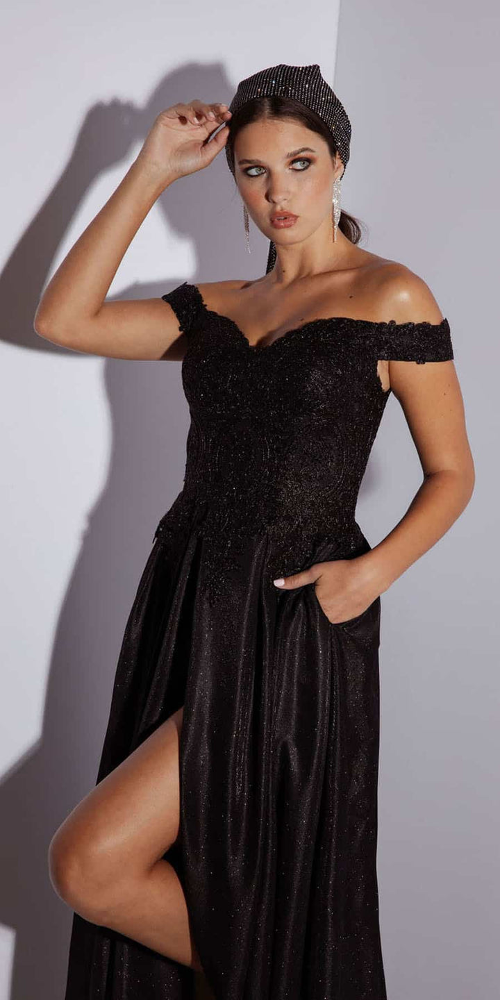 Applique Off Shoulder Glitter Gown by Eureka 9806