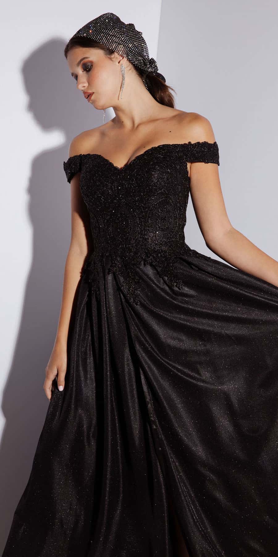 Applique Off Shoulder Glitter Gown by Eureka 9806