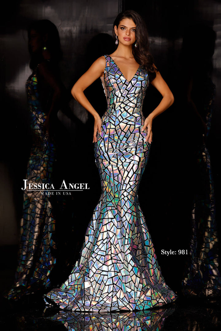 Mirror Fitted V-Neck Gown by Jessica Angel 981