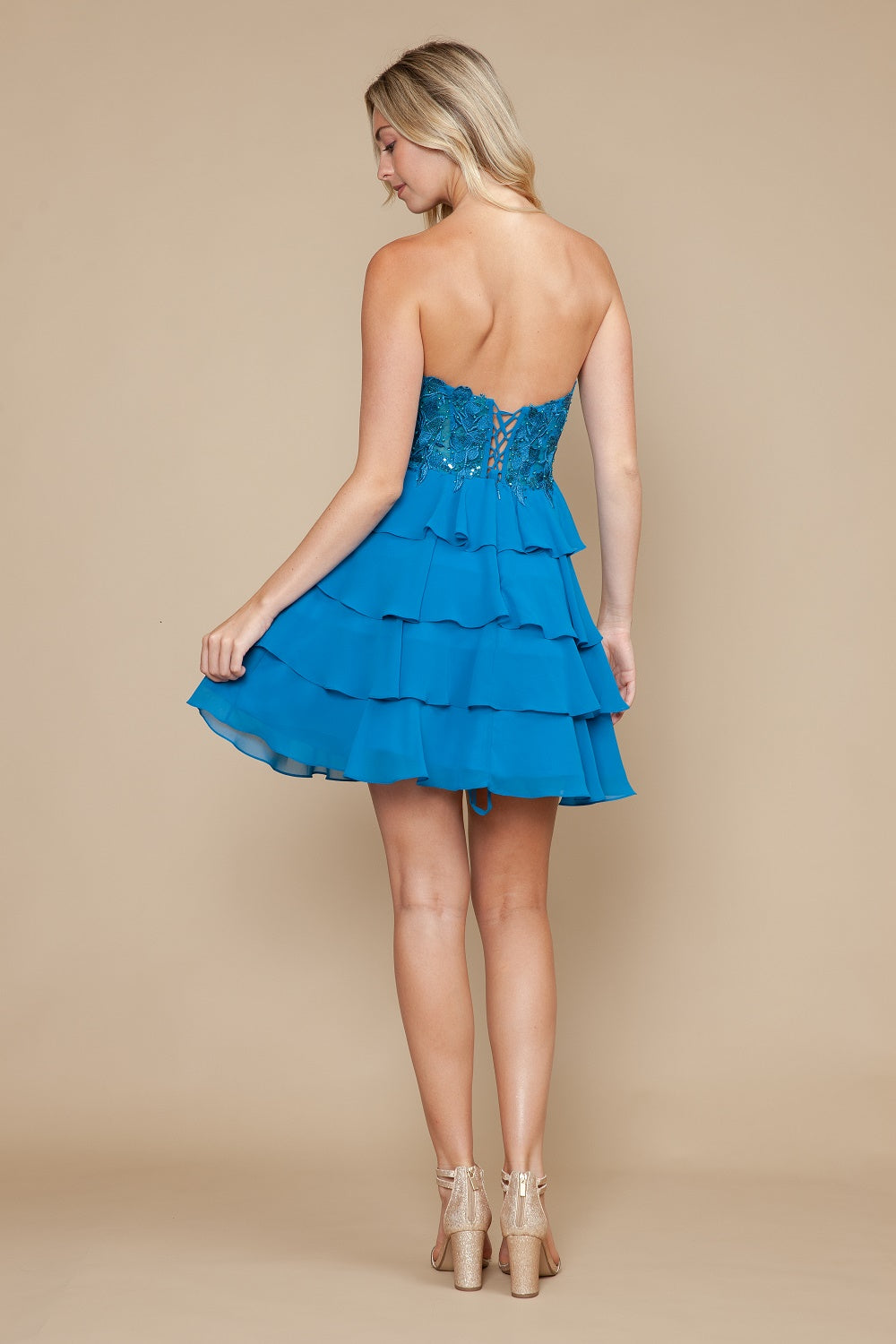 Applique Short Strapless Tiered Dress by Poly USA 9838