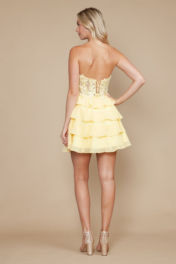 Applique Short Strapless Tiered Dress by Poly USA 9838