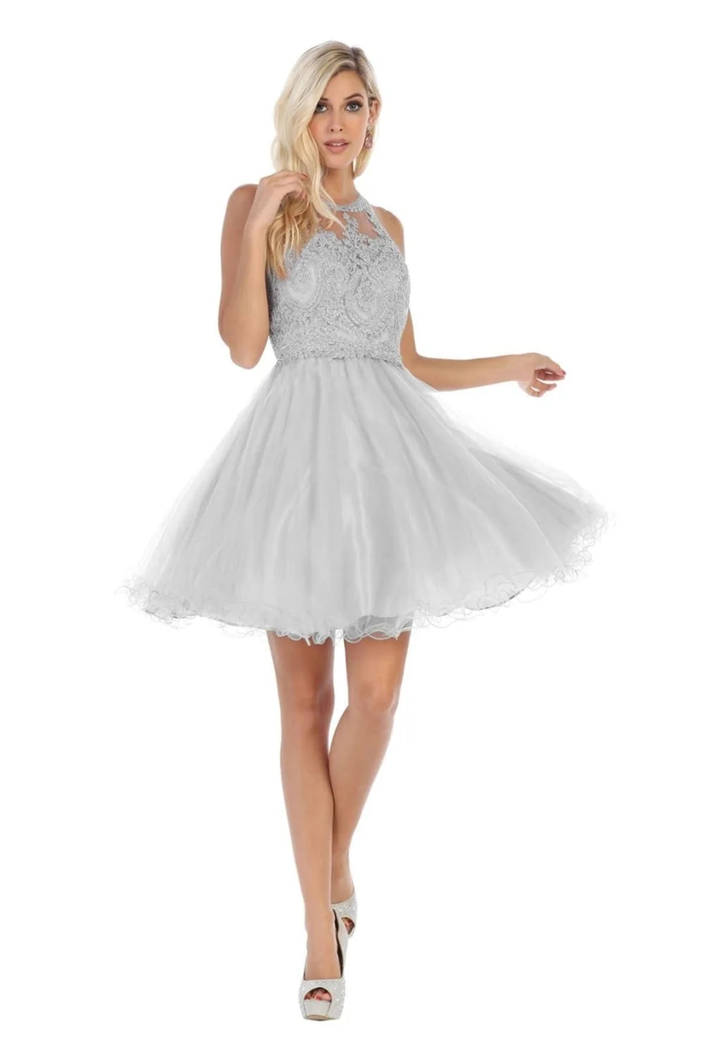 Applique Short Halter Ruffled Dress by May Queen MQ1643