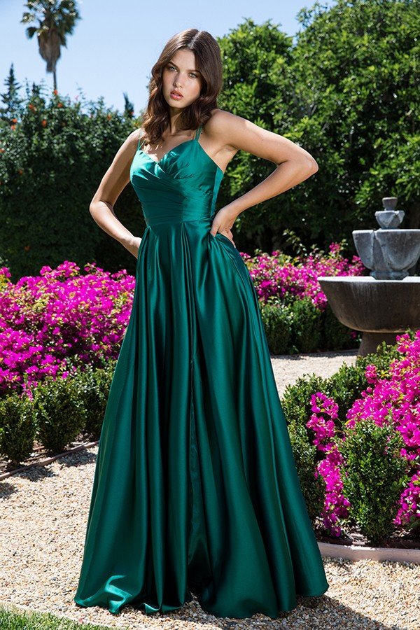 Satin Strappy Back A-line Slit Gown by Eureka 9925 XS / Hunter Green Satin Strappy Back A-line Slit Gown by Eureka 9925 XS / Hunter Green