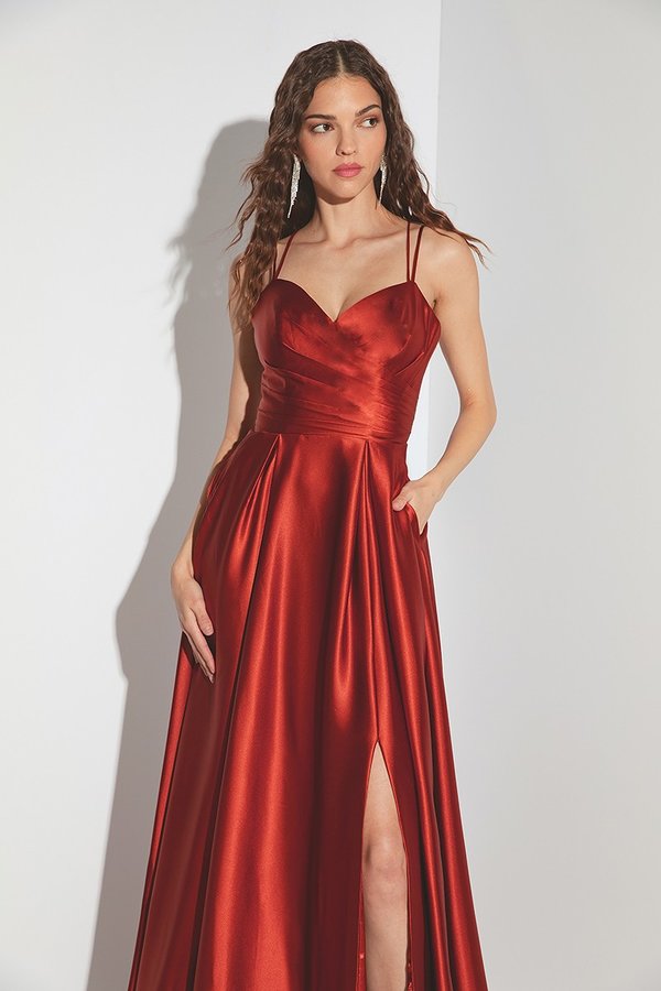Satin Sleeveless A-line Slit Gown by Eureka 9925 XS / Terracotta Satin Sleeveless A-line Slit Gown by Eureka 9925 XS / Terracotta