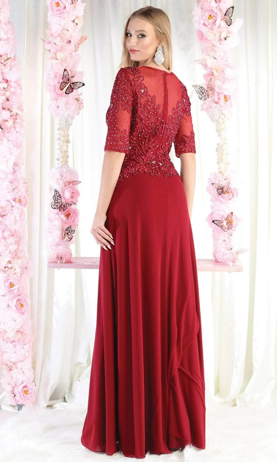 Applique Mid-Sleeve A-line Gown by May Queen MQ1979