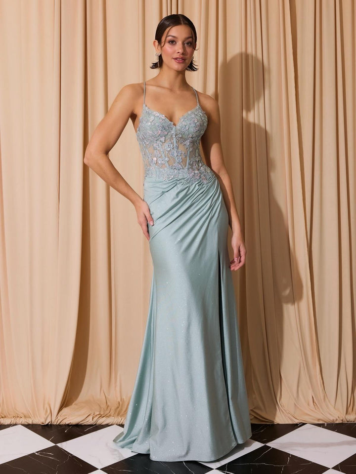 Applique Fitted Sleeveless Slit Gown by Eureka 9969