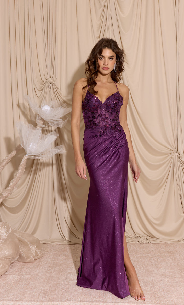 Applique Fitted Sleeveless Slit Gown by Eureka 9969
