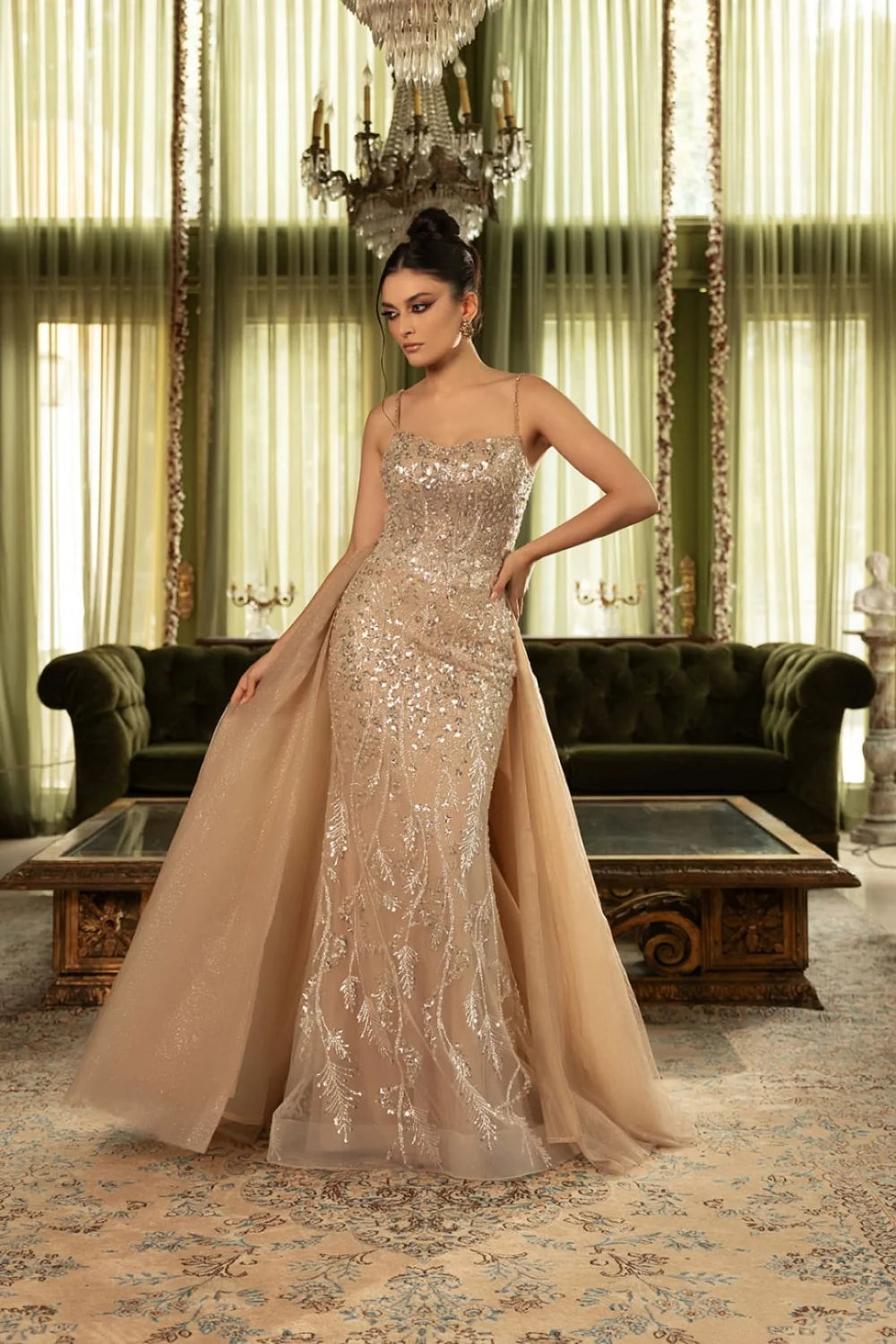 Beaded Sleeveless Overskirt Gown by May Queen RQ8146