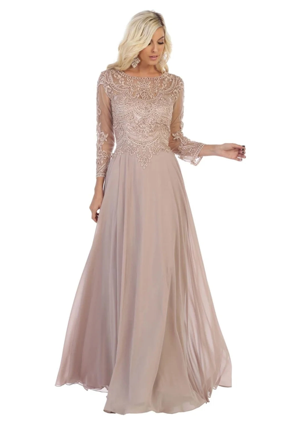 Applique 3/4 Sleeve A-line Gown by May Queen MQ1615