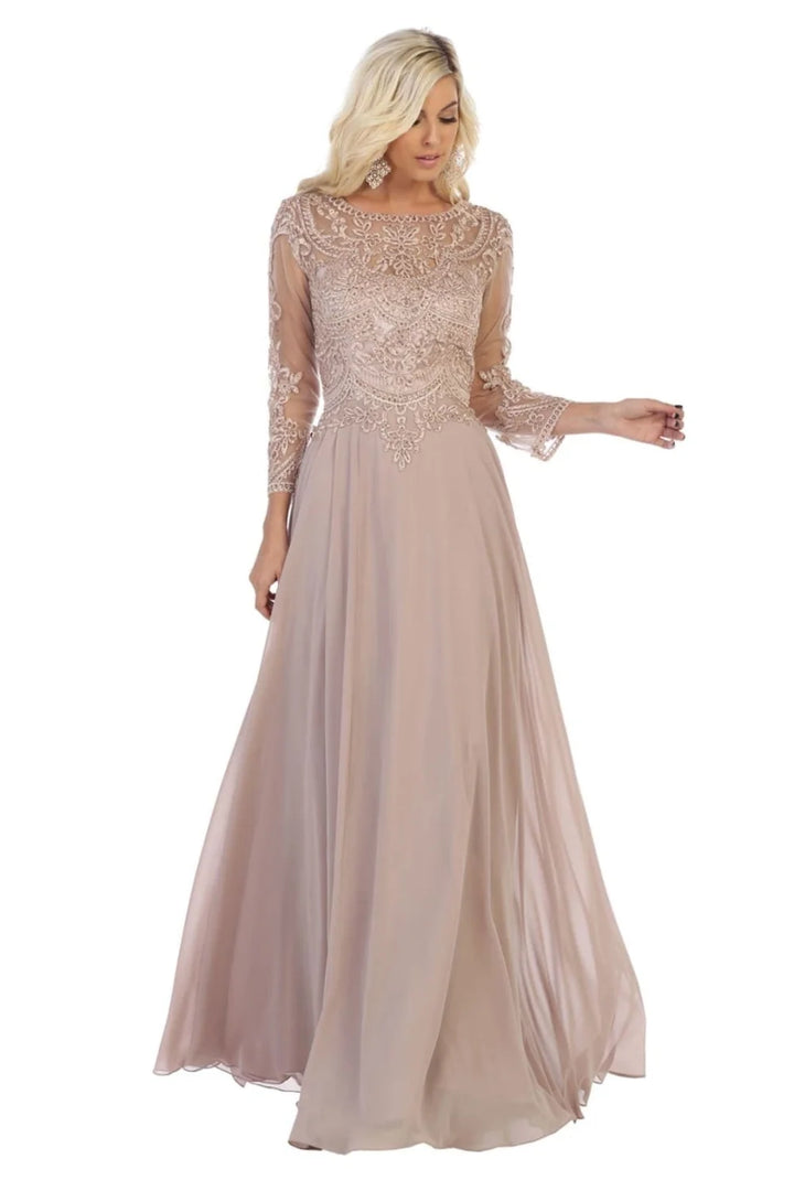 Applique 3/4 Sleeve A-line Gown by May Queen MQ1615
