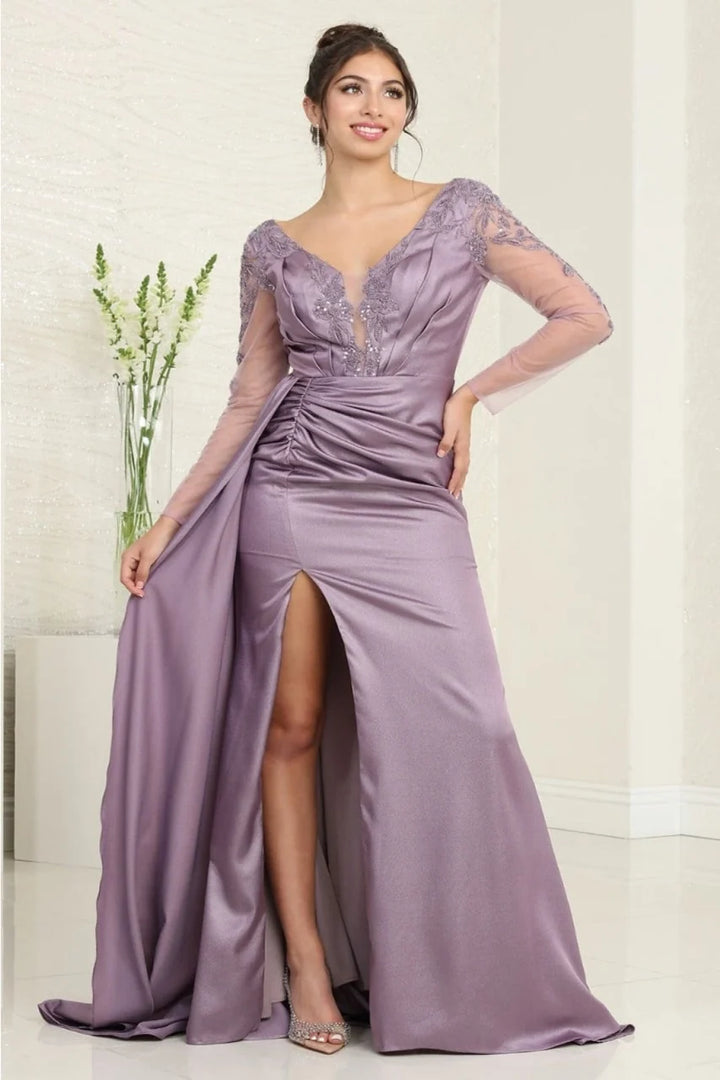 Applique Long Sleeve Slit Gown by May Queen MQ2008